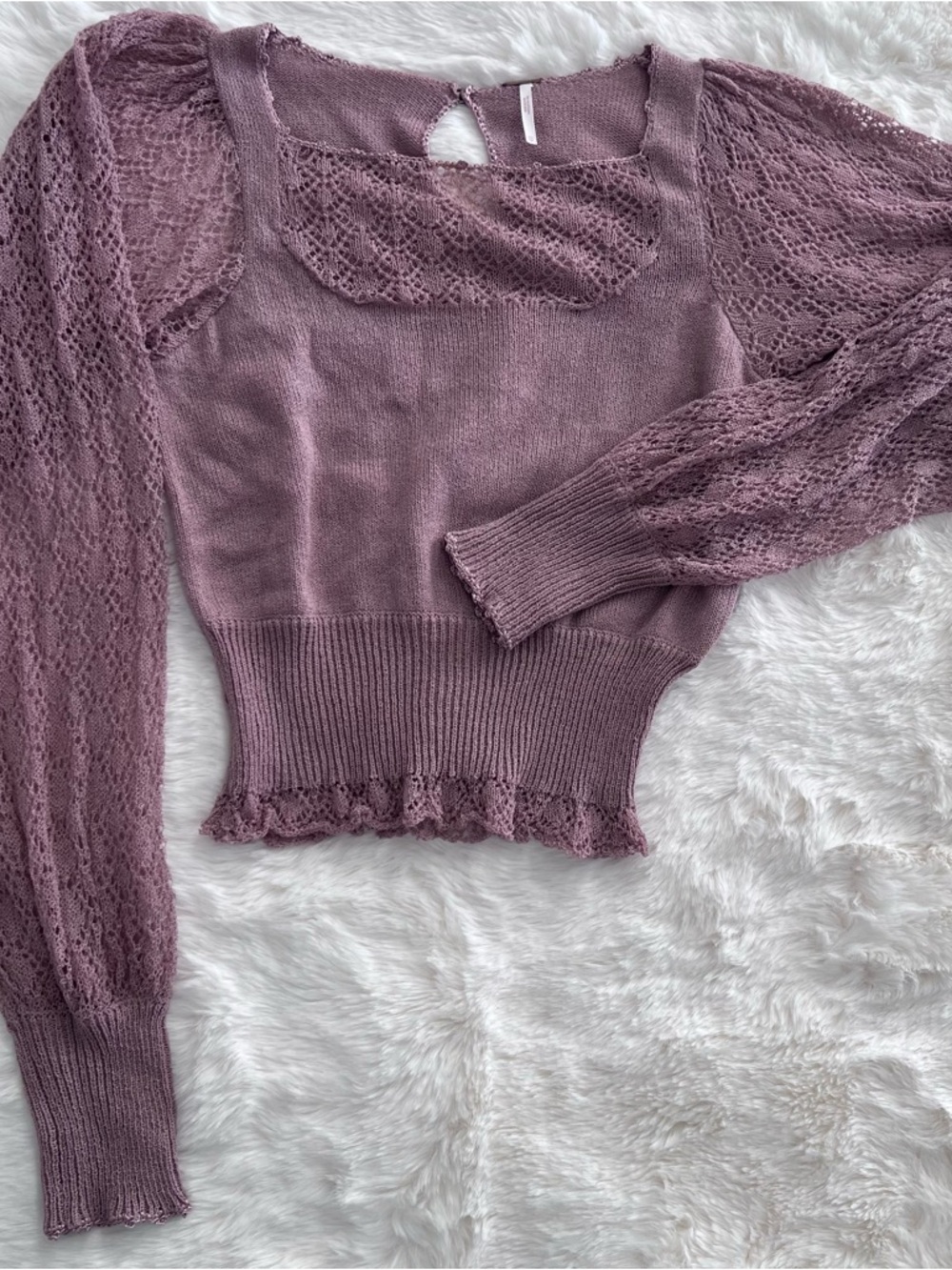 Free People Lace -Trim Knit Crochet Sweater in Dusty Mauve
